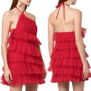 Alexis Raina Tiered Ruffled-Tulle Halter Mini Dress Cherry Red Size Medium